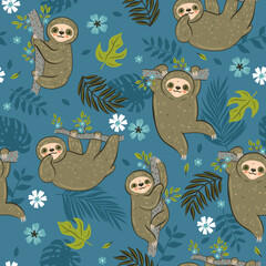 Obraz premium Seamless pattern with sloths and tropical leaves. Vector graphics.