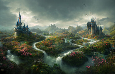 Fantasy land full of castles, towers and beautiful colorful scenery of a fairytale