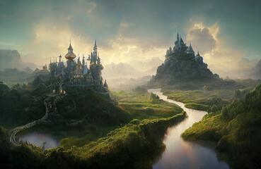 Fantasy land full of castles, towers and beautiful colorful scenery of a fairytale