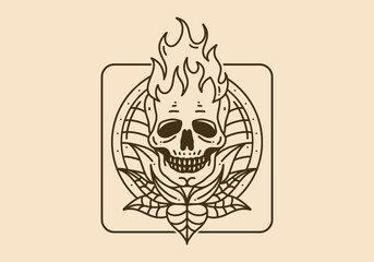 Vintage art illustration of a skull with fire