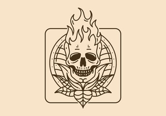 Vintage art illustration of a skull with fire