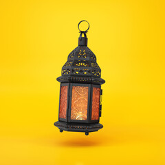 Black arabic lantern with orange glow floating on a yellow background, 3d render