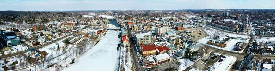 Aerial panorama view of Cambridge, Ontario, Canada in winter