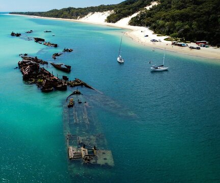 Beautiful view of abandoned ships in the sea