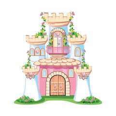 Fairy tale beautiful pink castle of a beautiful princess with a balcony and heart-shaped jewels, towers, windows and gates. Vector illustration of fairy tale architecture on a white background.