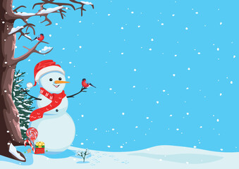 Snowman in a red Christmas hat and scarf on a winter background. Merry christmas and new year. Vector illustration of a cheerful and friendly snowman in cartoon style on the background of a winter lan