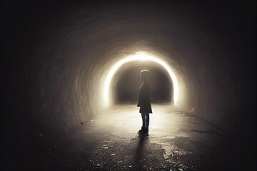 Ai generated digital art of a lonely child standing in a dark tunnel