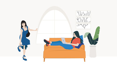 Stay at home banner. The girl works at the computer, sitting on a bag with beans epidemic, quarantine, freelancer, work at home, distance learning, online, blogger.