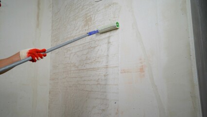 The primer solution is applied to the wall using a roller, so as to remove dust and increase...