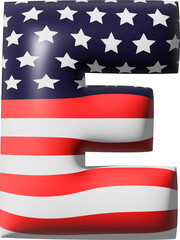 Uppercase Letter E Stars and stripes USA National flag style alphabet 3D