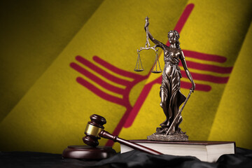 New Mexico US state flag with statue of lady justice, constitution and judge hammer on black...