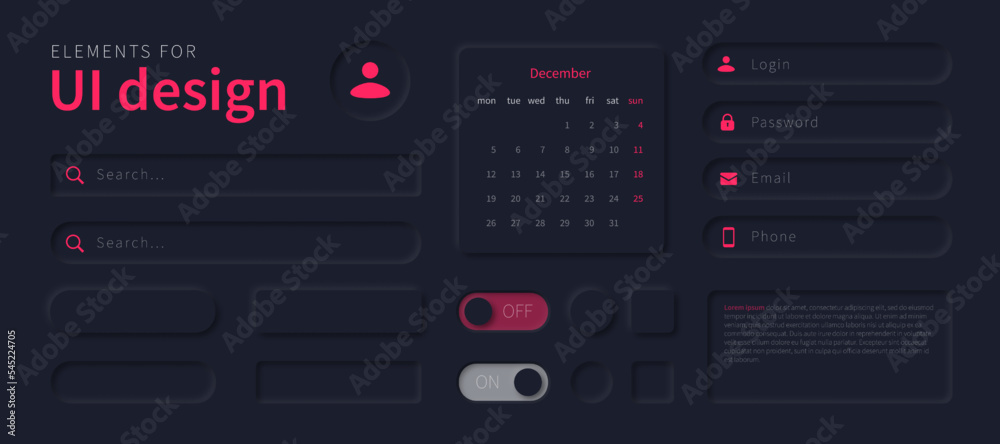 Poster UI elements design for use in mobile app, website, software. User interface design in style neumorphism. Neomorphic ui design kit, buttons, search bars, calendar.
