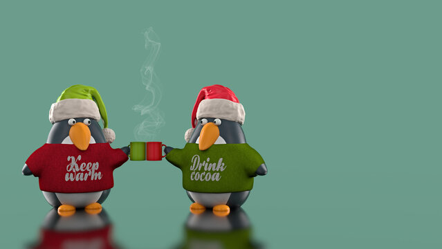 Two Christmas penguins in sweaters and Santa hats enjoying hot chocolate