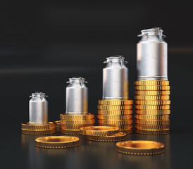Milk cans and stacks of gold coins, growth concept, 3d render