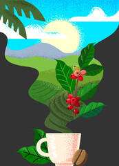Coffee plantation landscape and cup.