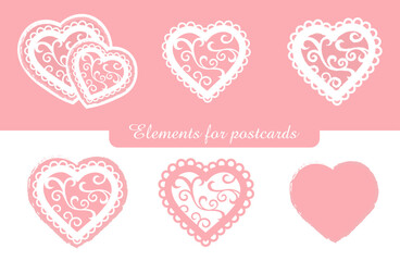 A set of openwork hearts, blanks for wedding cards, Valentine's Day, birthday and invitations. A heart of soft pink vintage color is an element for the design of postcards