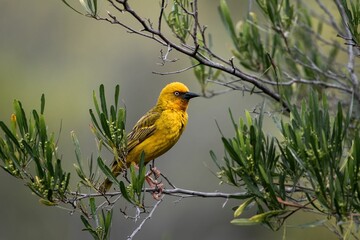 Closeup of a Cape weaver perched on a branch (Ploceus capensis)