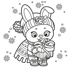 Cute cartoon rabbit in warm scarf and hat with gift in paws outlined variation for coloring page on white background