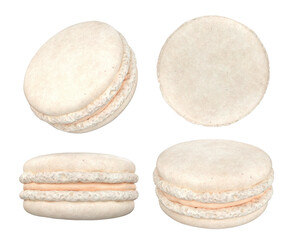 A set of white macaroons from different angles on the side, top, front on a white background, 3d render