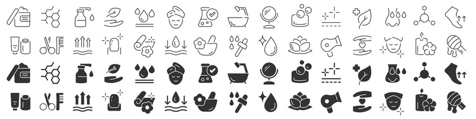 Skin care and cosmetic line excellent icons collection in two different styles. Thin outline icons pack. Vector illustration eps10
