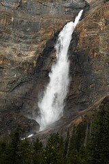 Vertical shot of a waterfall flowing down between cliffs