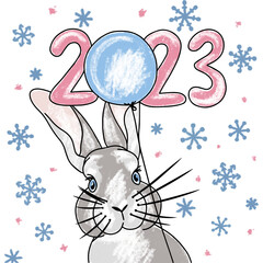Cute bunny with a balloon in snowflakes, illustration with the number 2023