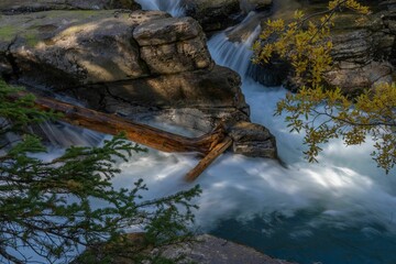 Close-up shot of a streaming river in the woods