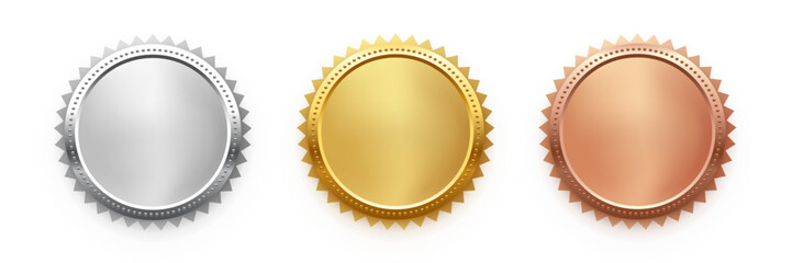 Award golden, silver and bronze blank medals 3d realistic illustration. First, second and third place medals or buttons isolated on black background. Certified. Quality blank, empty badge, emblem set