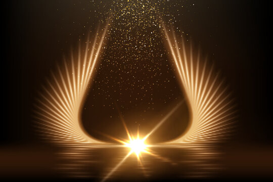Gold light wings with star glowing on black background. Yellow bright flare lines shining vector illustration. Flash of light with ray beams and shade. Motion flow effects with blur.