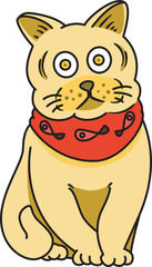 a cat wearing a bandana that looks submissive, like a dog