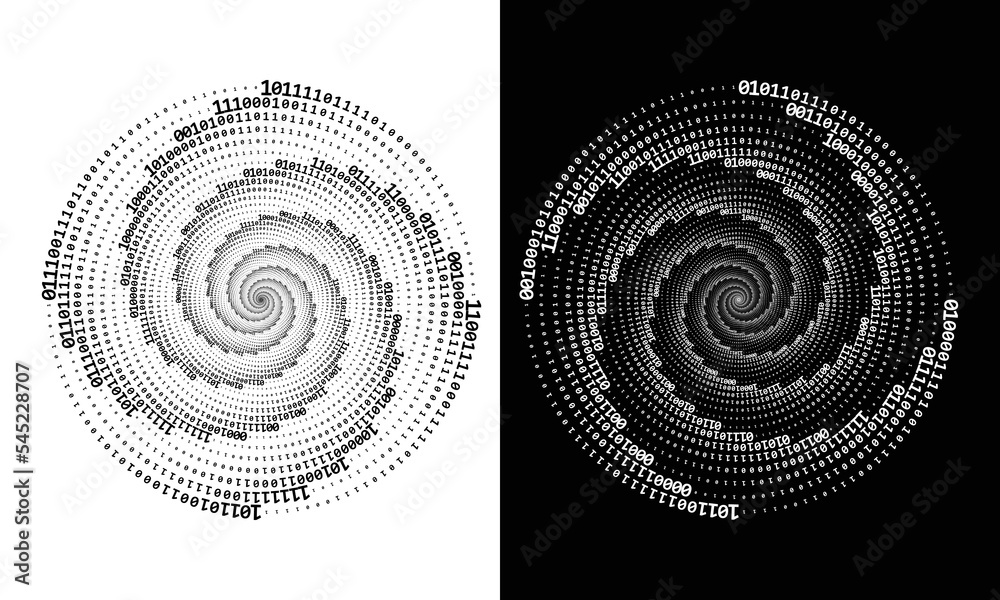 Poster Abstract numbers one and zero in a spiral over a black and white backgrounds. Big data concept, logo icon or tattoo. The numbers 1 and 0 alternate randomly.