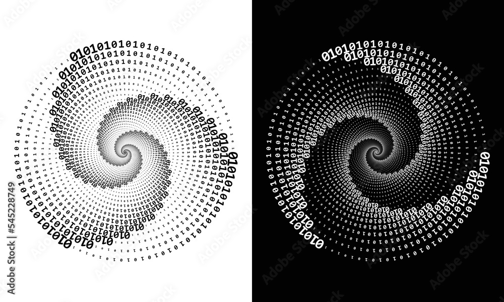 Poster Abstract  digits ONE and ZERO in spiral over black and white background. Big data concept, icon logo or tattoo. The numbers 1 and 0 alternate with each other in order.