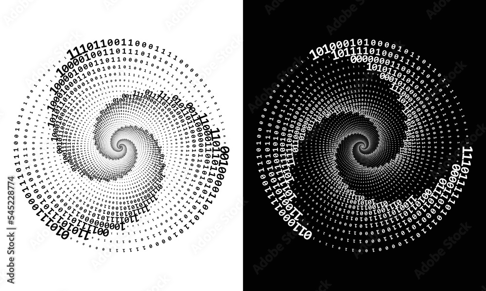 Aufkleber abstract numbers one and zero in a spiral over a black and white backgrounds. big data concept, logo