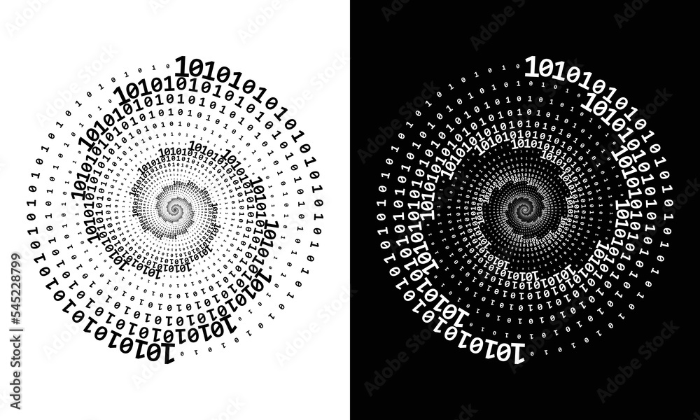 Poster abstract digits one and zero in spiral over black and white background. big data concept, icon logo 