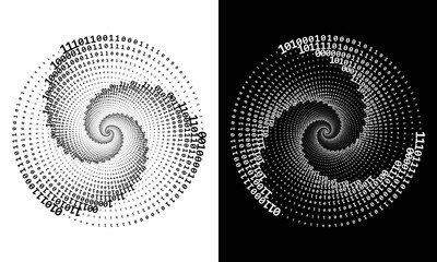 Abstract numbers one and zero in a spiral over a black and white backgrounds. Big data concept, logo icon or tattoo. The numbers 1 and 0 alternate randomly.