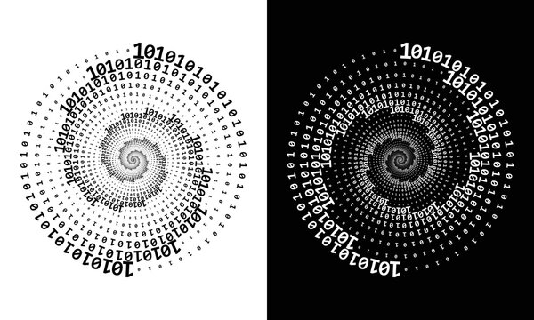 Abstract  digits ONE and ZERO in spiral over black and white background. Big data concept, icon logo or tattoo. The numbers 1 and 0 alternate with each other in order.