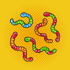 gummy chewy worms candies pinup pop art retro vector illustration. Comic book style imitation.