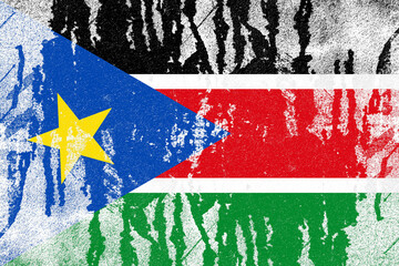 South sudan flag painted on old distressed concrete wall background