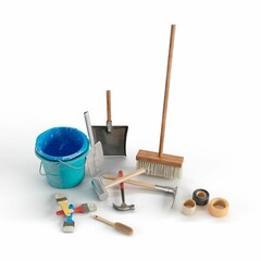 3D render of a bunch of cleaning equipment isolated on a white background
