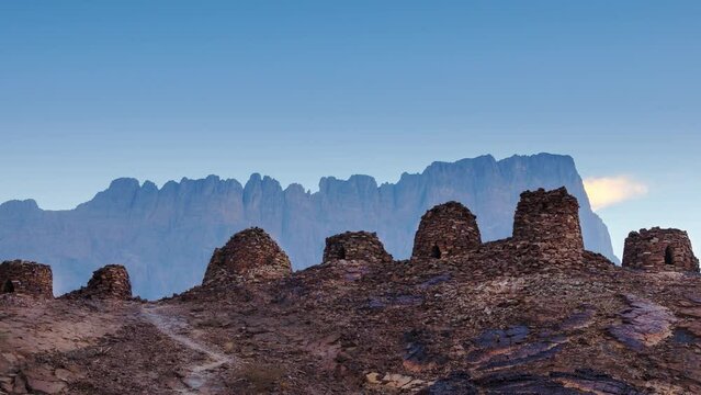 Beautiful Sunrise 4K time lapse at Al ayn beehive tomb, Jebel shams mountain in Oman