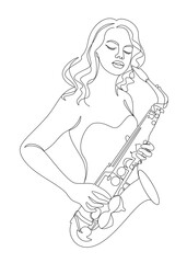 Silhouette of beautiful woman playing saxophone in continuous line modern style. Saxophonist girl, slim. Aesthetic decor sketches, posters, stickers, logo. set of vector illustrations.