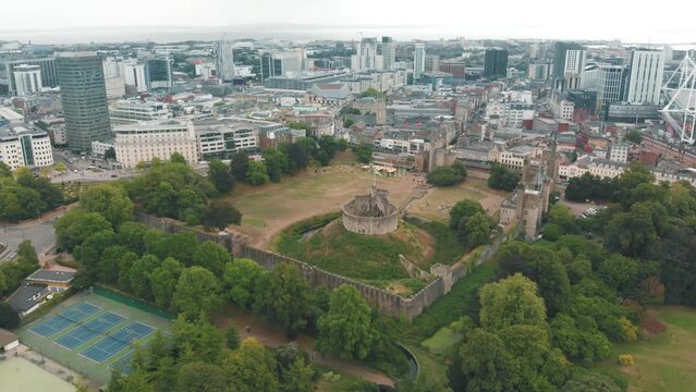 Aerial view of ruins of medieval Cardiff Castle and surrounding city in Wales