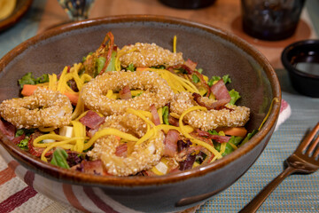 Typical colombian food and drinks, variety of salads