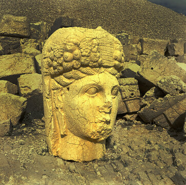 Heads of the statues on Mount Nemrut Dagi in Turkey. The mausoleum of Antiochus I (69&ndash;34 B.C.) - UNESCO World Heritage Site
