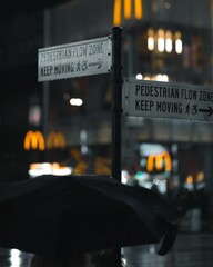 Street sign and umbrella at night