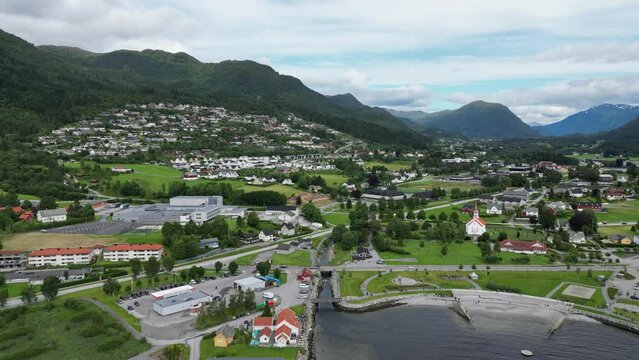 Flight over Norway fjord village. Nordfjord, Norway 