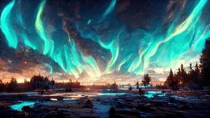 The aurora appears in the mountains at night. Made by AI.