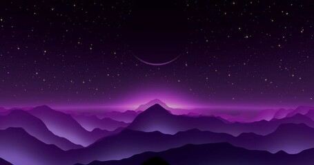 Aesthetic purple mountainous landscape with a starry sky and a planet above. Digital animation