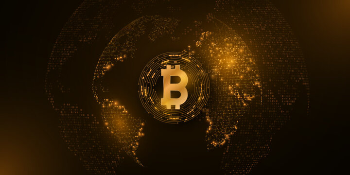 Cryptocurrency concept. Bitcoin with futuristic planet Earth and candlestick price pattern. Digital design for your cover or website. Blockchain market. Vector illustration