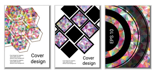 Cover design. Set of 3 covers. Imitation of crumpled paper. Unusual bright abstract background for magazine, book, splash, banner, vector. Imitation of crumpled paper